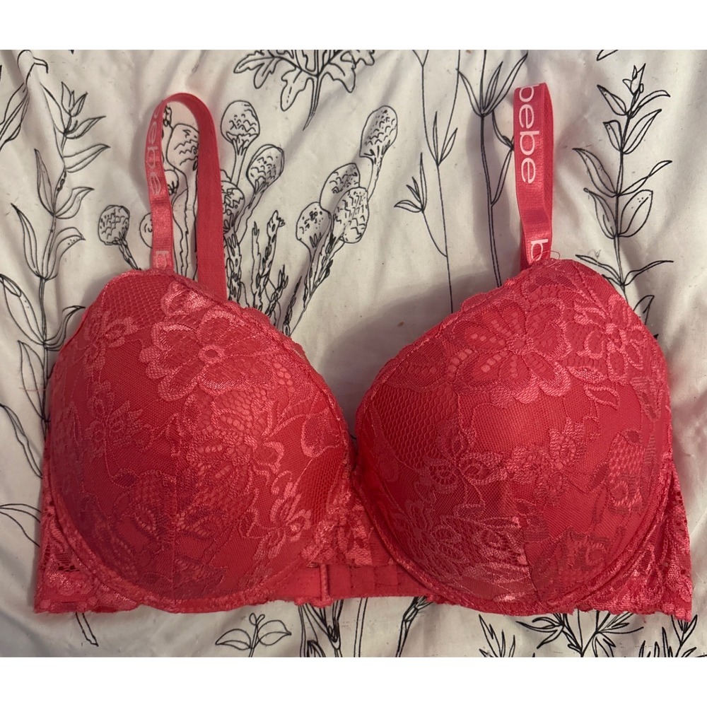Bebe Hot Pink Lace Lightly‎ Lined Underwire Bra, Size 36DD